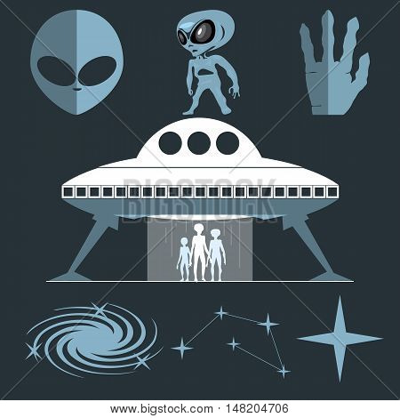 Digital vector silver and white cosmic ufo alien icon set with space ship, stars and galaxy over dark background, flat style.