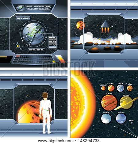 Digital vector silver cosmos ship icons set with solar system, shuttle dashboard, cosmonaut, rocket launch and empty space over stelar background, flat style.