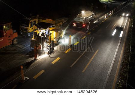 Wallau, Germany - September 16, 2016: High angle view of construction site on German highway A66 at night - long exposure