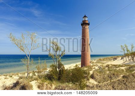 Little Sable Point Lighthouse in dunes, built in 1867, Lake Michigan, MI, USA