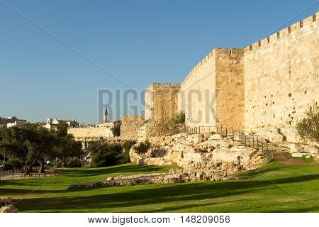 ancient IERUSALIM. temple walls and park in front of it
