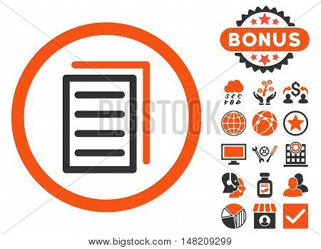 Copy Document icon with bonus design elements. Vector illustration style is flat iconic bicolor symbols, orange and gray colors, white background.