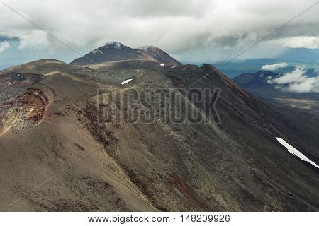 Maly Semyachik is a stratovolcano. Kronotsky Nature Reserve on Kamchatka Peninsula. View from helicopter.