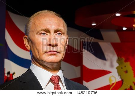 BANGKOK THAILAND - DECEMBER 19: Wax figure of the famous Vladimir Putin from Madame Tussauds on December 19 2015 in Bangkok Thailand.