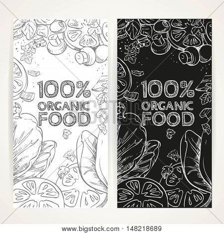 White And Black Doodles On Banners With Vegetarian Fresh Organic Food