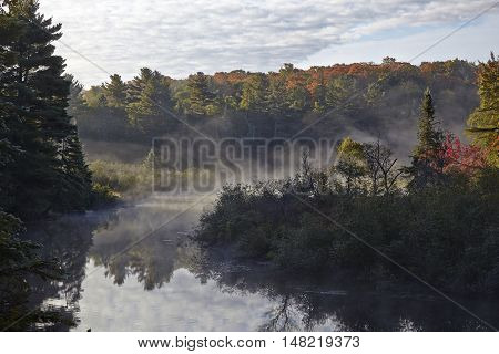 Canadian lake in the early morning with fog