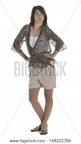 Beautiful young woman in demanding position with white background
