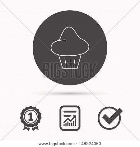 Brioche icon. Bread bun sign. Bakery symbol. Report document, winner award and tick. Round circle button with icon. Vector