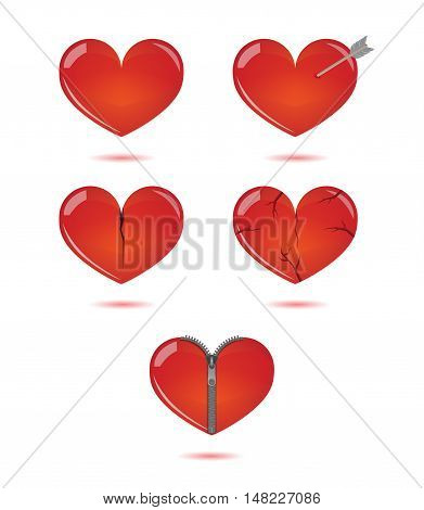 Vector set of isolated cartoon hearts on white background.