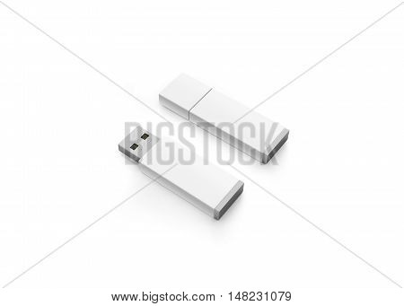 Blank white usb drive design mock up 3d rendering clipping path. Clear plastic flash disk template opened and closed. Plain memory device mockup. Clean pen drive branding presentation. Micro card.