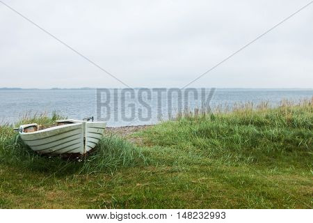 Boat aground on the grassy beach