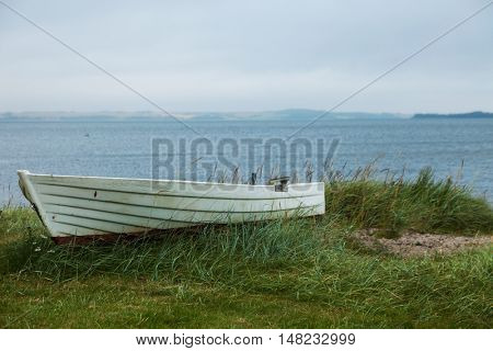 Boat aground on the grassy beach