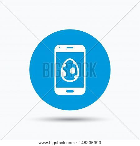 Dinosaur egg icon. Smartphone device symbol. Pokemon egg concept. Blue circle button with flat web icon. Vector