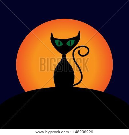 Cat and moon sign. Image of black kitty with green eyes on full moon background. Symbol of superstition.  VECTOR illustration