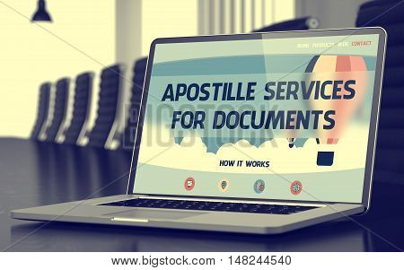 Modern Meeting Hall with Laptop on Foreground Showing Landing Page with Text Apostille Services For Documents. Closeup View. Toned Image. Selective Focus. 3D Render.