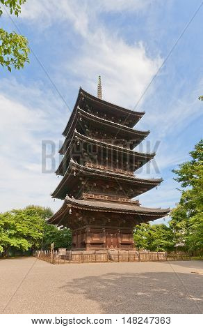 KYOTO JAPAN - JULY 23 2016: Five-story pagoda (Gojunoto circa 1644) of Toji Temple in Kyoto. The tallest wooden tower in Japan (54.8 m) symbol of Kyoto National Treasure and UNESCO site