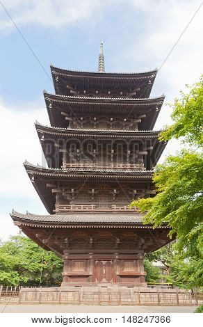 KYOTO JAPAN - JULY 23 2016: Five-story pagoda (Gojunoto circa 1644) of Toji Temple in Kyoto. The tallest wooden tower in Japan (54.8 m) symbol of Kyoto National Treasure and UNESCO site