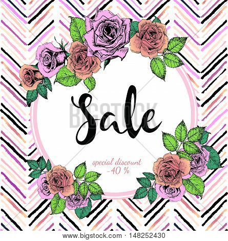 Vector banner for great sale. Round text template. Rose gold flowers and chevron modern brush spot in trendy pastel colors. Use for business fashion promotion.