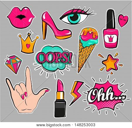 Fashion patch badges with lips, hearts, speech bubbles and other elements. Set of fashion stickers, icons, pins, patches in cartoon 80s-90s comic cartoon style. Vector illustration.