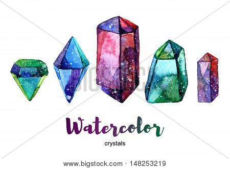 Multicolor minerals. Watercolor illustration of crystal. Set of colorful gemstones.