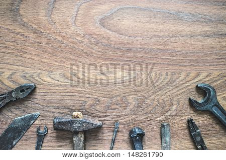 Vintage Tools On Wooden Background. Fathers Day Card.