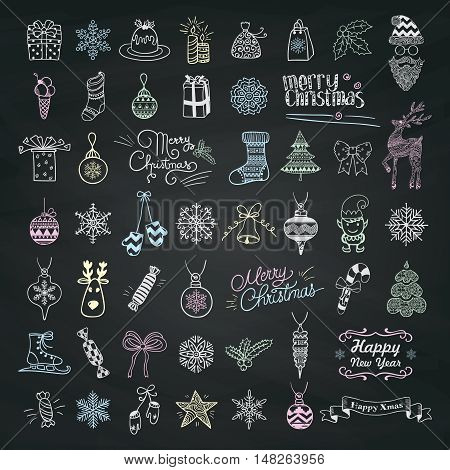Set of Chalk Drawing Artistic Christmas Doodle Icons. Xmas Vector Illustration. Outlined Sketched Decorative Design Elements, Cartoons on Chalkboard Menu Background. New Year