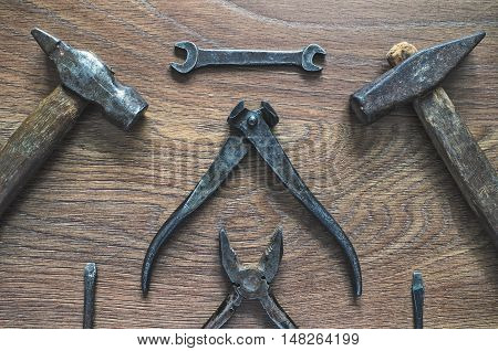 Vintage Tools On Wooden Background. Fathers Day Card.