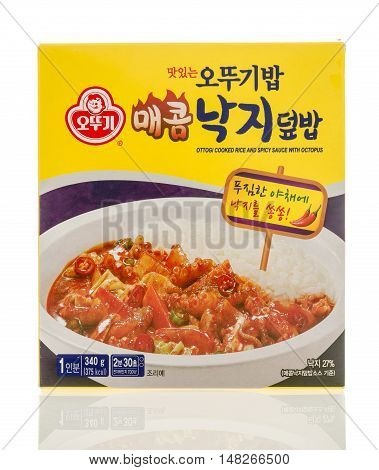 Winneconne WI - 30 August 2016: Package of Ottogi cooked rice and spicy sauce with octopus on an isolated background.