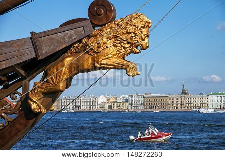 The nose of the ship lion on the embankment of the Neva River in St. Petersburg
