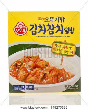 Winneconne WI - 30 August 2016: Package of Ottogi cooked rice and kimchi sauce with tuna on an isolated background.