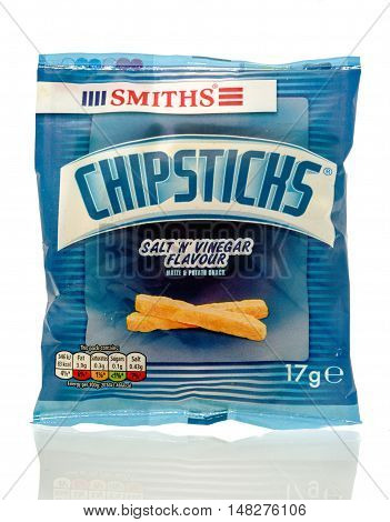 Winneconne WI - 29 July 2016: Bag of Smiths chipsticks in salt & vinegar flavour on an isolated background.
