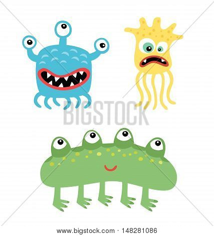 Cartoon cute and funny monsters and bacterias.  Vector microbes isolated on white.