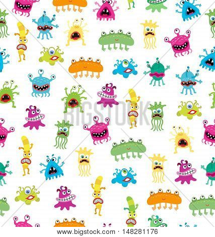 Cartoon cute and funny monsters and bacterias.  Vector seamless pattern isolated on white.