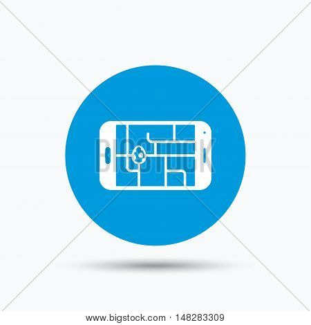 Gps street navigation with dinosaur egg icon. Pokemon egg concept. Blue circle button with flat web icon. Vector