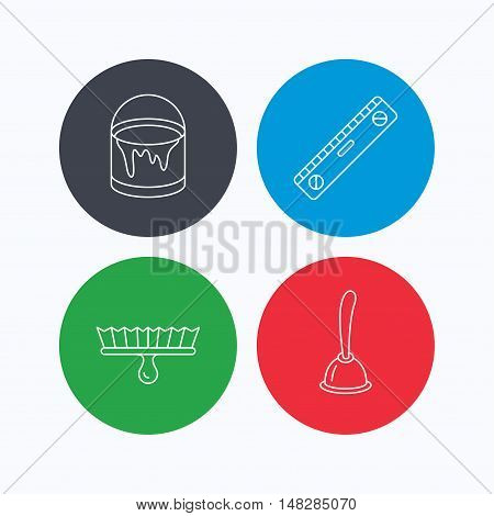 Level tool, plunger and brush tool icons. Bucket of paint linear sign. Linear icons on colored buttons. Flat web symbols. Vector