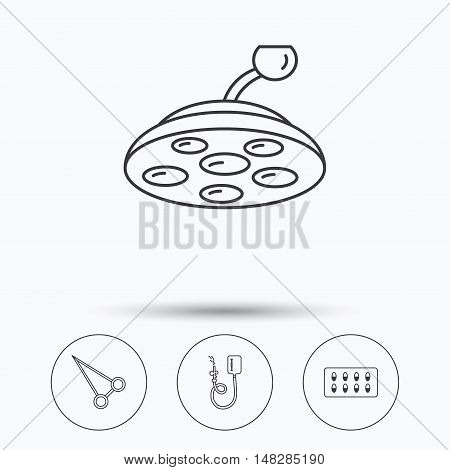 Drop counter, capsules and surgical lamp icons. Peans forceps linear sign. Linear icons in circle buttons. Flat web symbols. Vector