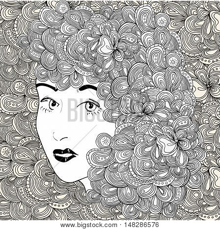 Vector uncolored girl with doodle long hairs.