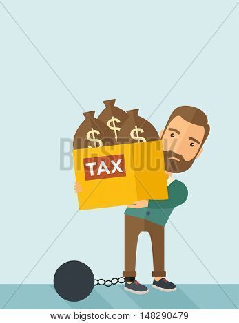 A Caucasian businessman locked in a debt ball in chain for commiting crime in tax ivasion. Debt concept. A Contemporary style with pastel palette, soft blue tinted background. flat design illustration