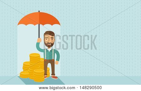 A businessman with beard standing holding umbrella protecting his money to investments, money risk management. Saving money for any storm problem will come. Business concept.A contemporary style with