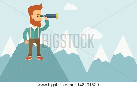A Happy young hipster man with the beard holding telescope on the top of the blue mountain with snow trying to look for something on the sky. A contemporary style with pastel palette soft blue tinted