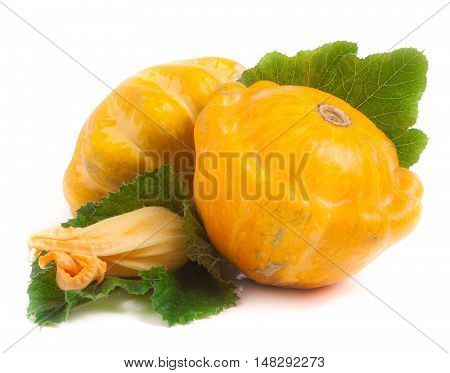 two yellow pattypan squash with leaf and flower isolated on white background.