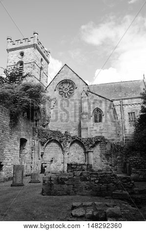 A view of the ruins of Culross abbey and the church behind it