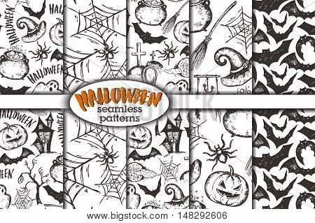 Vector set of five seamless patterns with sketch Halloween characters witch hat, cauldron, tree, bat, pumpkin, ghost, spider, house, web, moon Black and white endless background with hand drawn elements