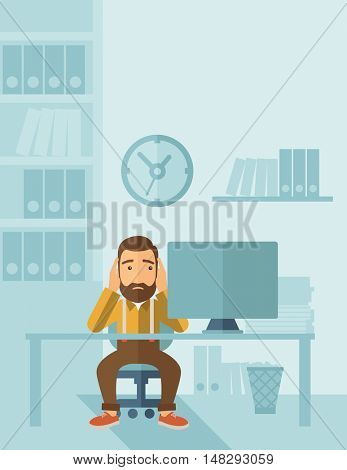 A sad hipster Caucasian businessman with beard sitting infront of his table looking at laptop having a problem reaching the deadline of his report. A contemporary style with pastel palette soft blue