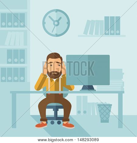 A sad hipster Caucasian businessman with beard sitting infront of his table looking at laptop having a problem reaching the deadline of his report. A contemporary style with pastel palette soft blue