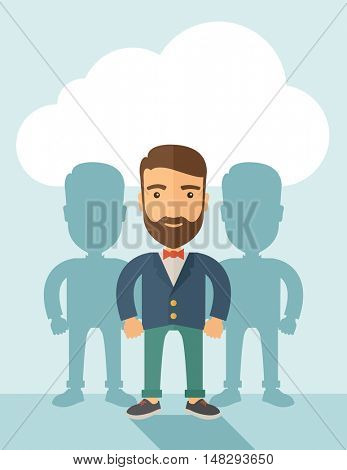 A contented young Caucasian hipster man with beard  wearing a red bow tie and a blue coat. Happily standing  showing that he is successful in life about teambuilding sprite. Happy, winner concept. A