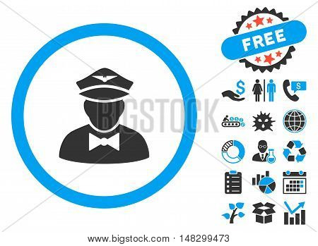 Steward pictograph with free bonus pictures. Glyph illustration style is flat iconic bicolor symbols, blue and gray colors, white background.