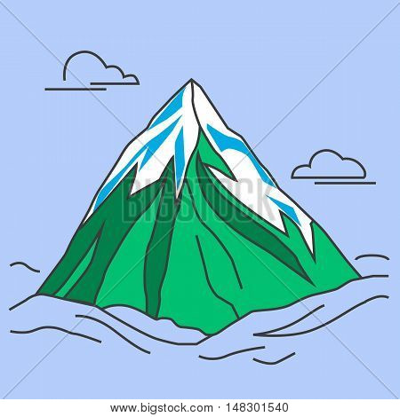 Mountain with clods. Green mountain with snowy peak. Color outlined illustration. Vector.
