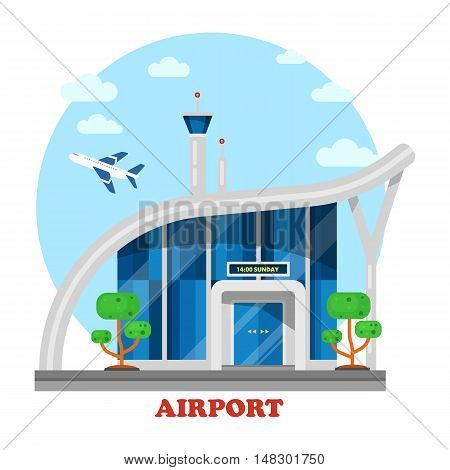 Airport building with flying airplane over tower.