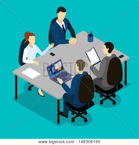 Teamwork isometric concept with talking woman and men at grey table on blue background vector illustration